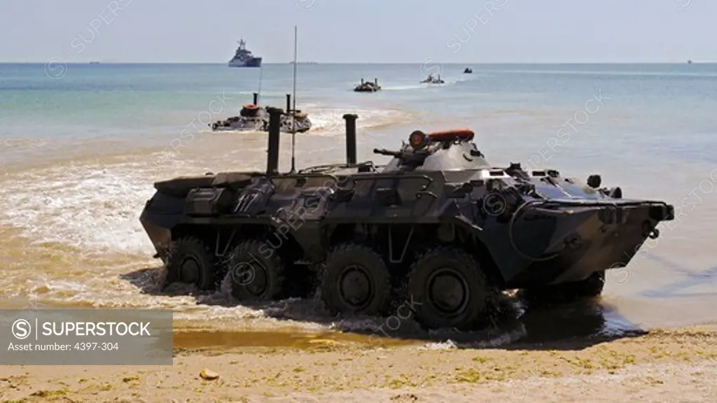Ukrainian Armored Personnel Carriers Arrive Ashore During Amphibious Beach Landing Demonstration