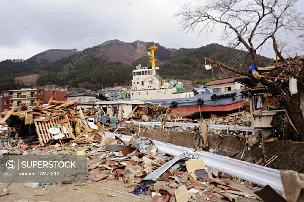 Tug Boat Among Debris in Ofunato, Japan