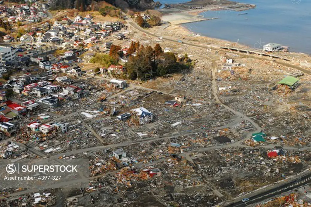 Aerial View of Sukuiso, Japan, a Week After Earthquake and Tsunami