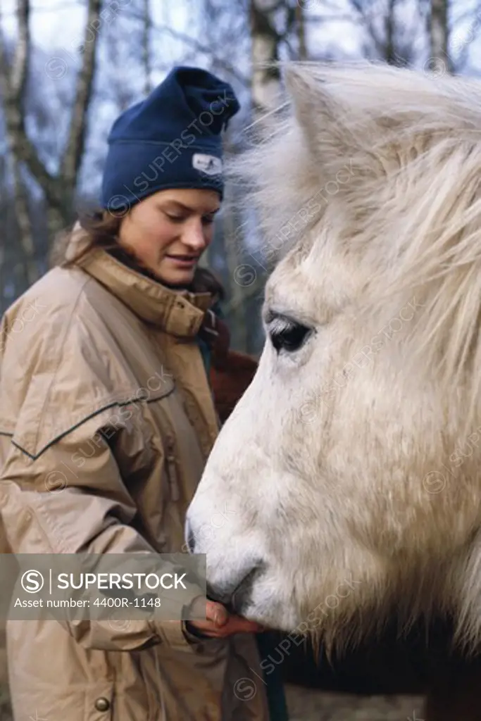A woman and an icelandic horse, Skane, Sweden.