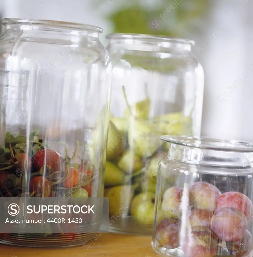 Fruit in jars, close-up.