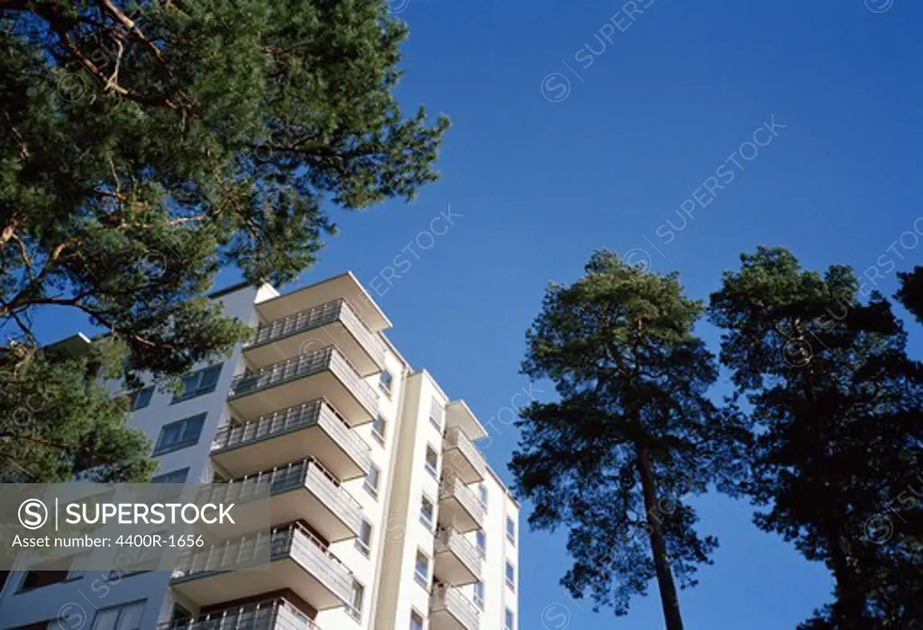 A block of flats under a blue sky, Stockholm, Sweden.