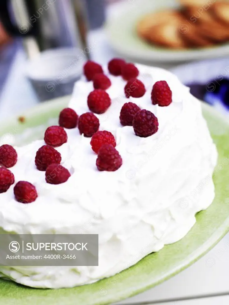 Cream cake decorated with raspberries, Sweden.