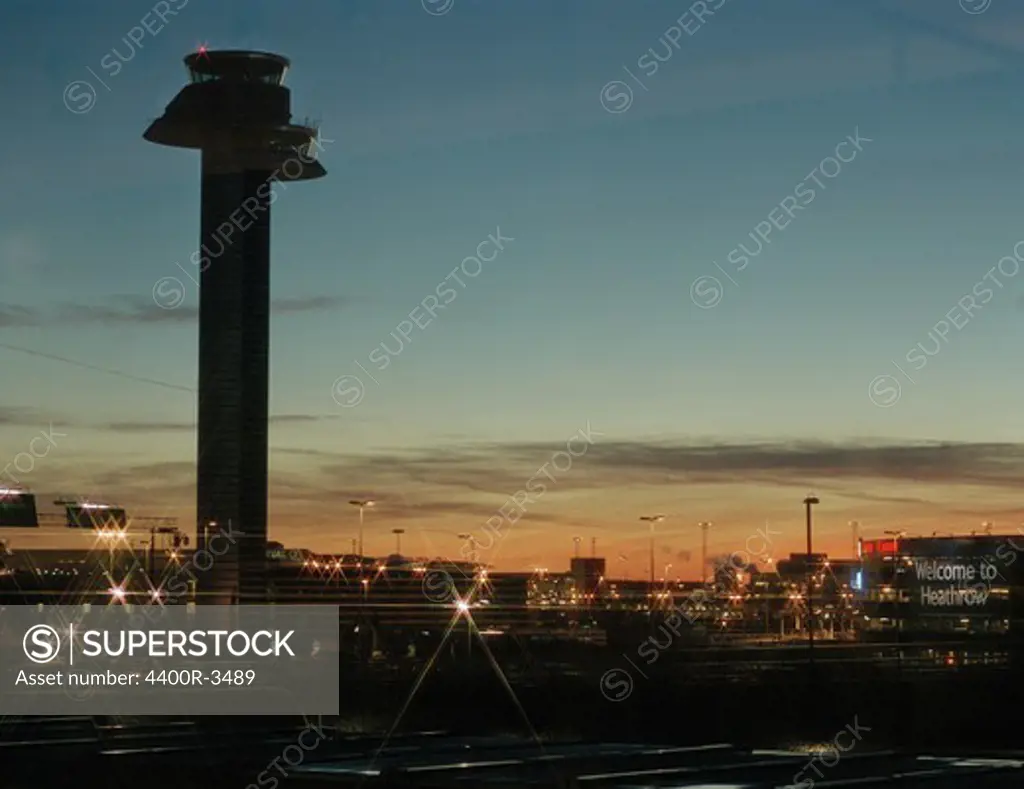 An air control tower at dusk, Sweden.