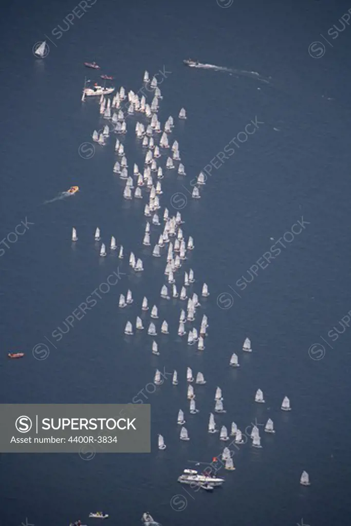 View of sailing boats in sea, elevated view