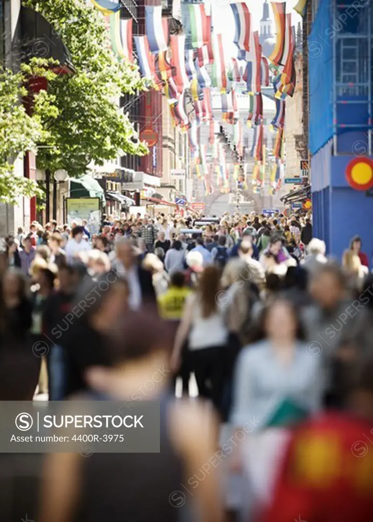 A crowd of people in the street, Stockholm, Sweden.