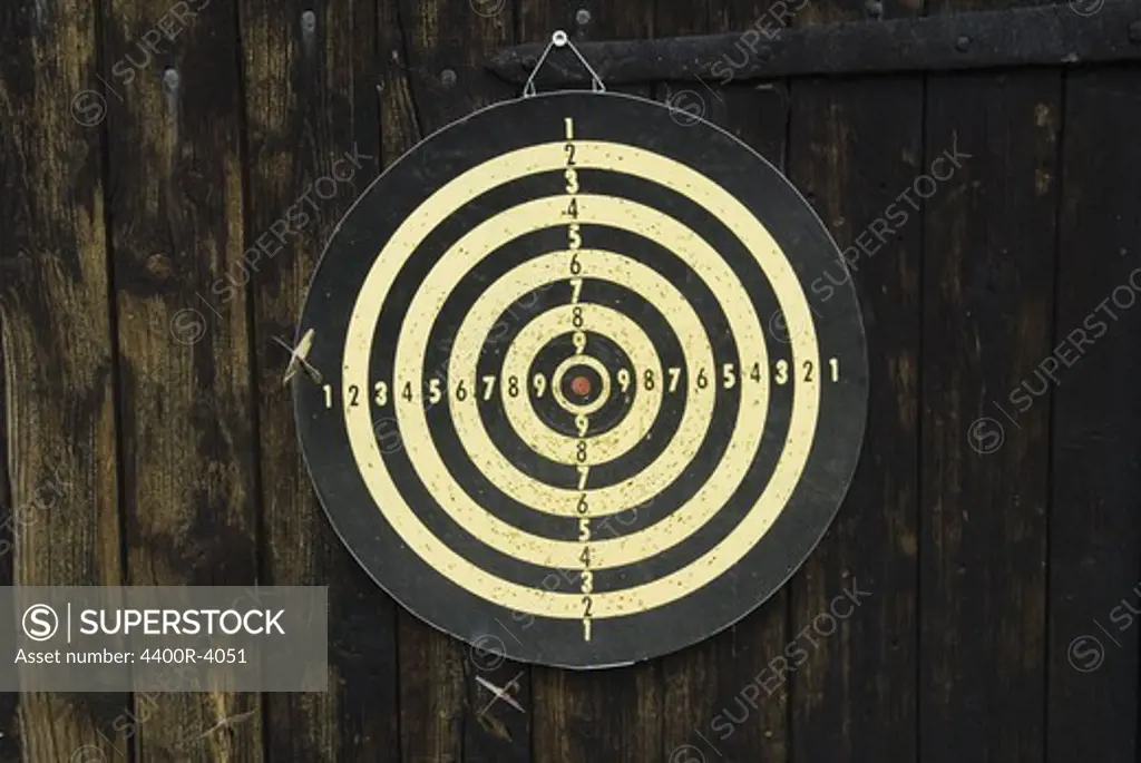 View of dartboard against wooden wall