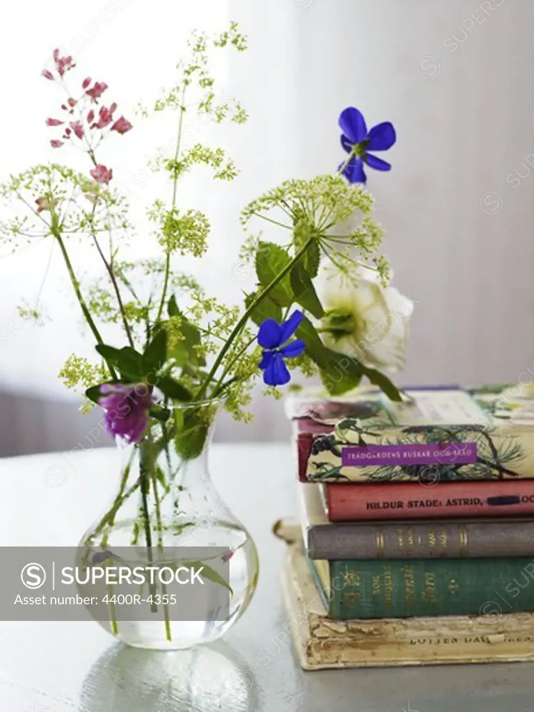 Scandinavia, Sweden, Smaland, Stack of books beside flower vase on table