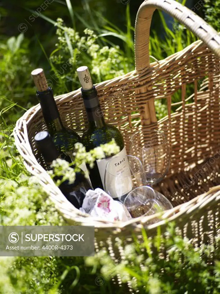 Scandinavia, Sweden, Wine bottles in basket, close-up