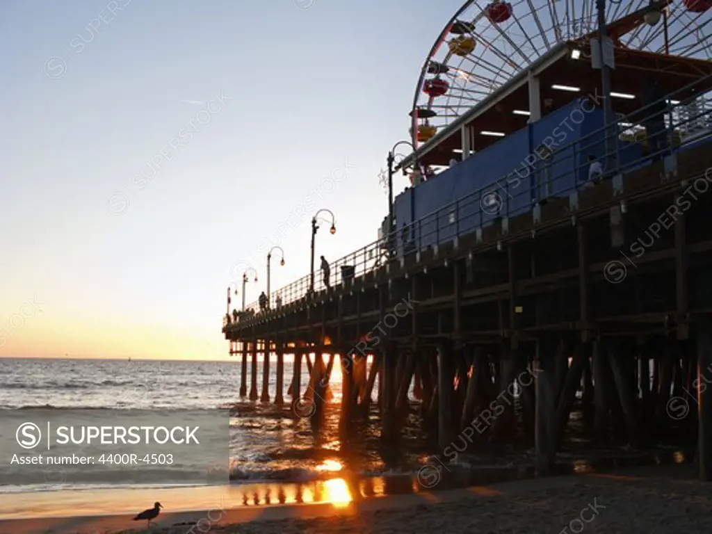 View of beach with big wheel and pier at dusk