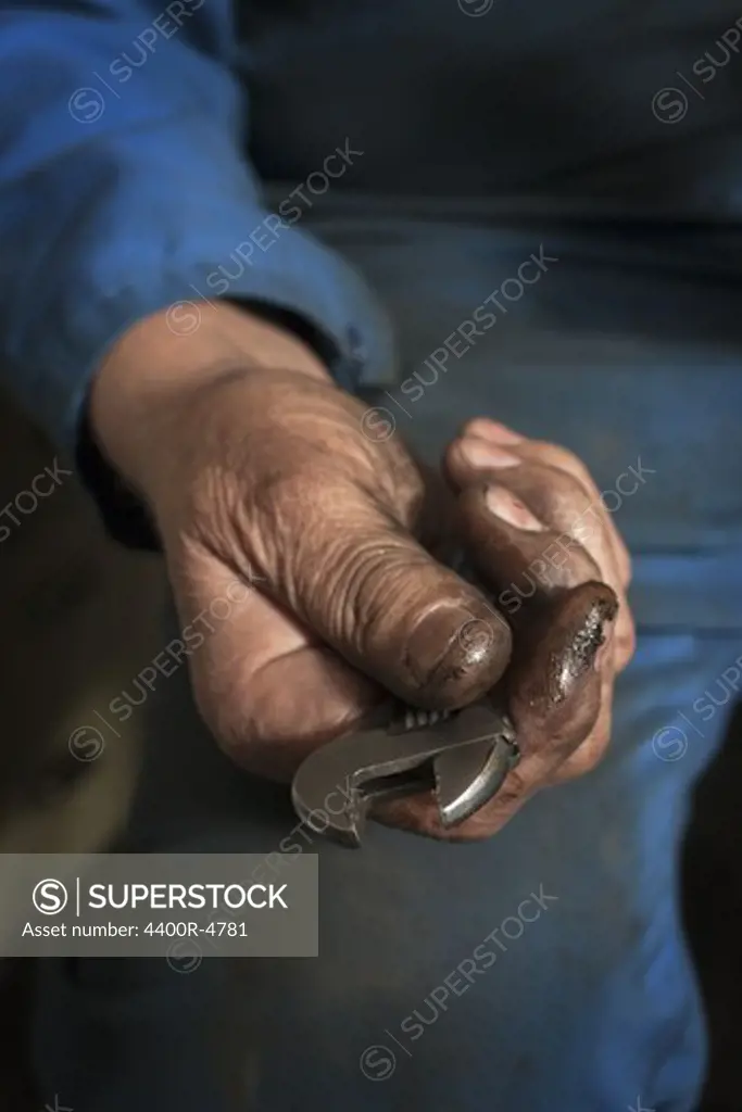 Human hand holding wrench