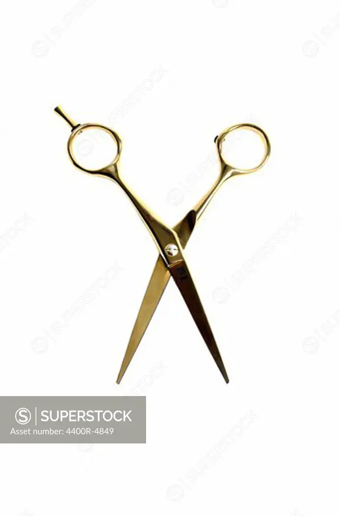 Hairdressing scissors against white background, close-up