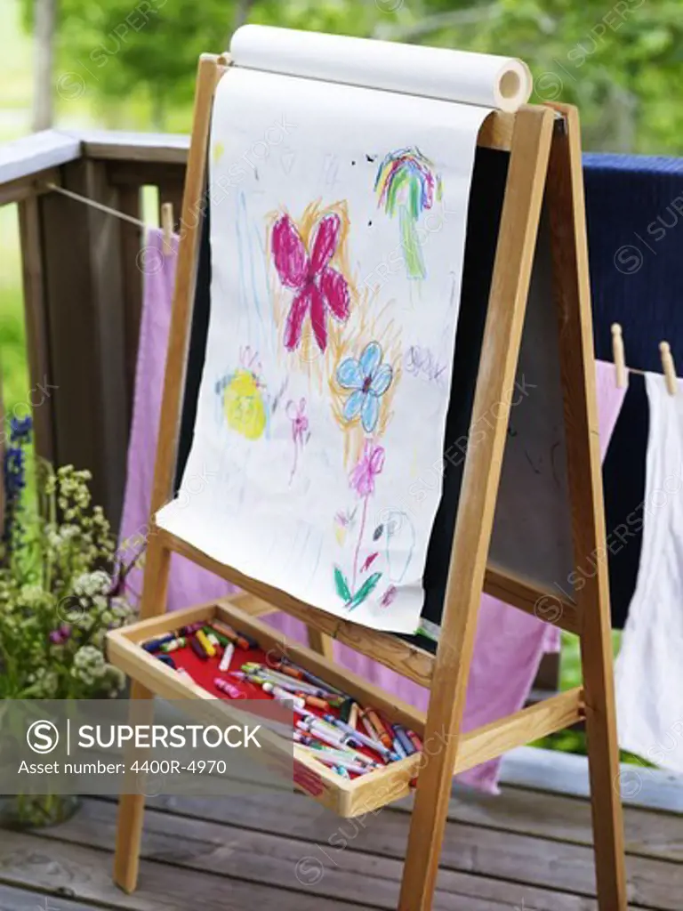 Childs drawings on easel