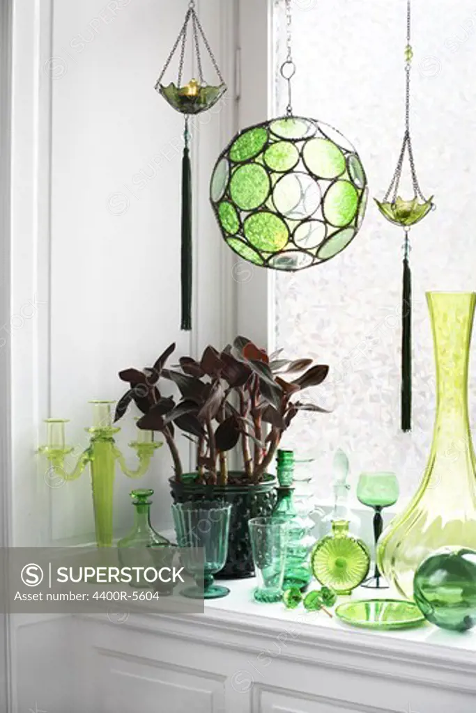 Green ornaments on a windowsill, Sweden.