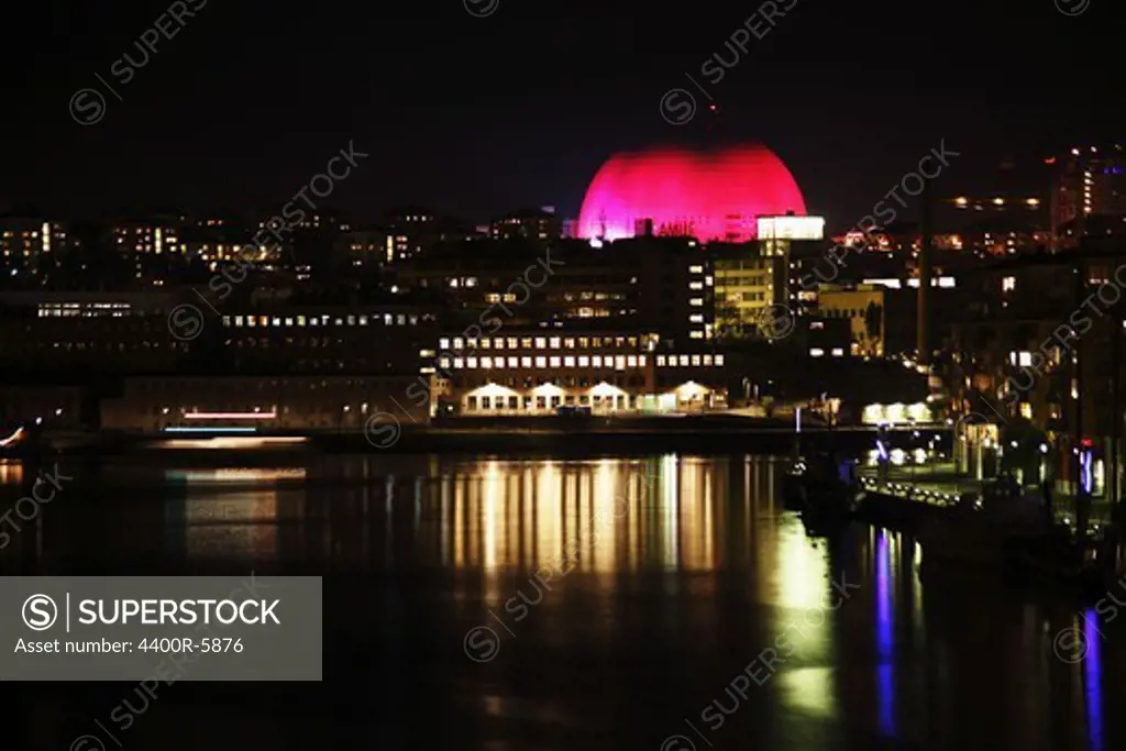 Stockholm Globe Arena, red lightning, Stockholm, Sweden.