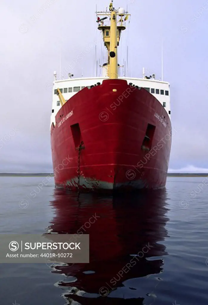 The red stem of an icebreaker in the Arctic, Canada.