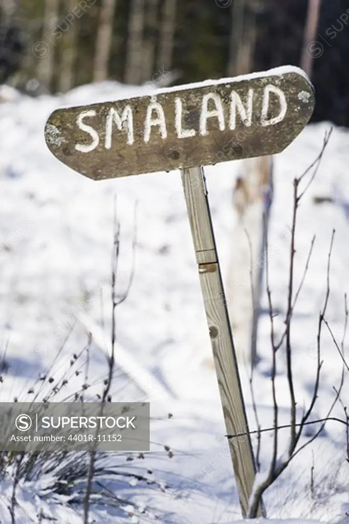 Scandinavian Peninsula, Sweden, Skåne, View of road sign in winter, close-up