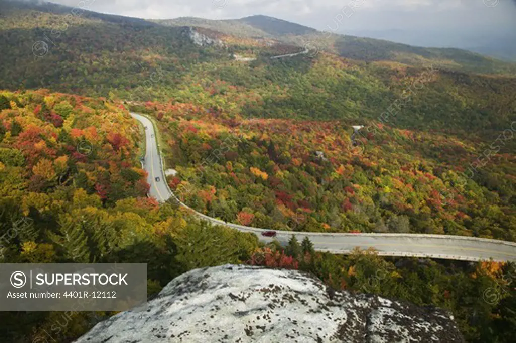 North America, USA, North Carolina, View of road passing by Blue Ridge Parkway, elevated view