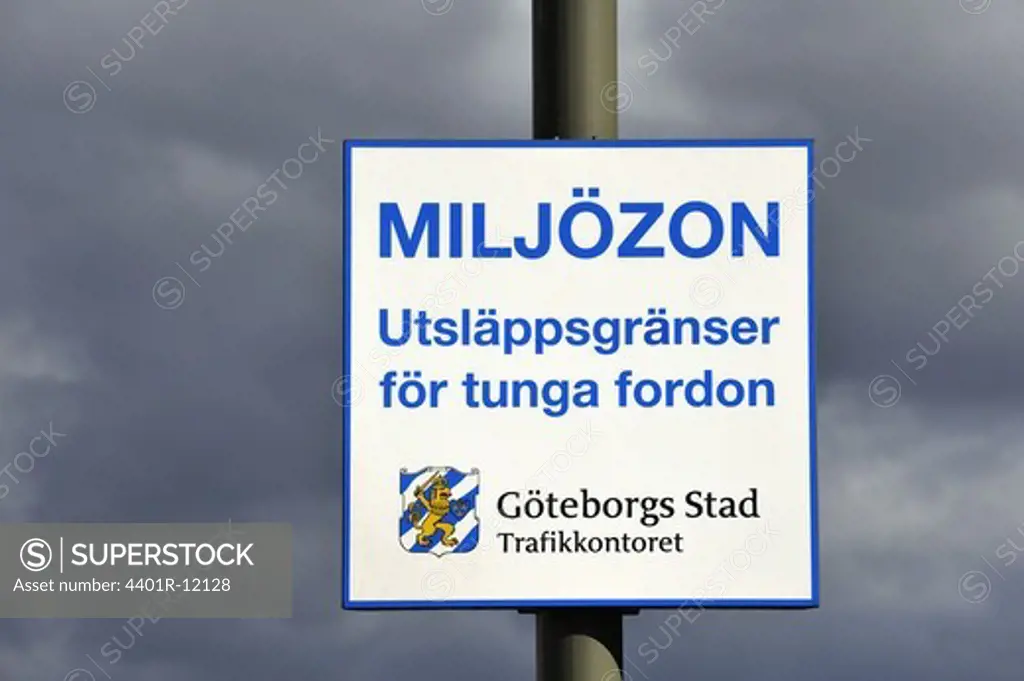 Scandinavia, Sweden, Gothenburg, View of signboard on pole