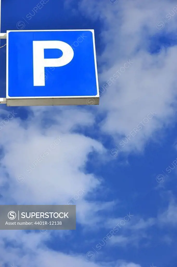 Scandinavia, Sweden, Gothenburg, View of parking sign against sky, low angle view