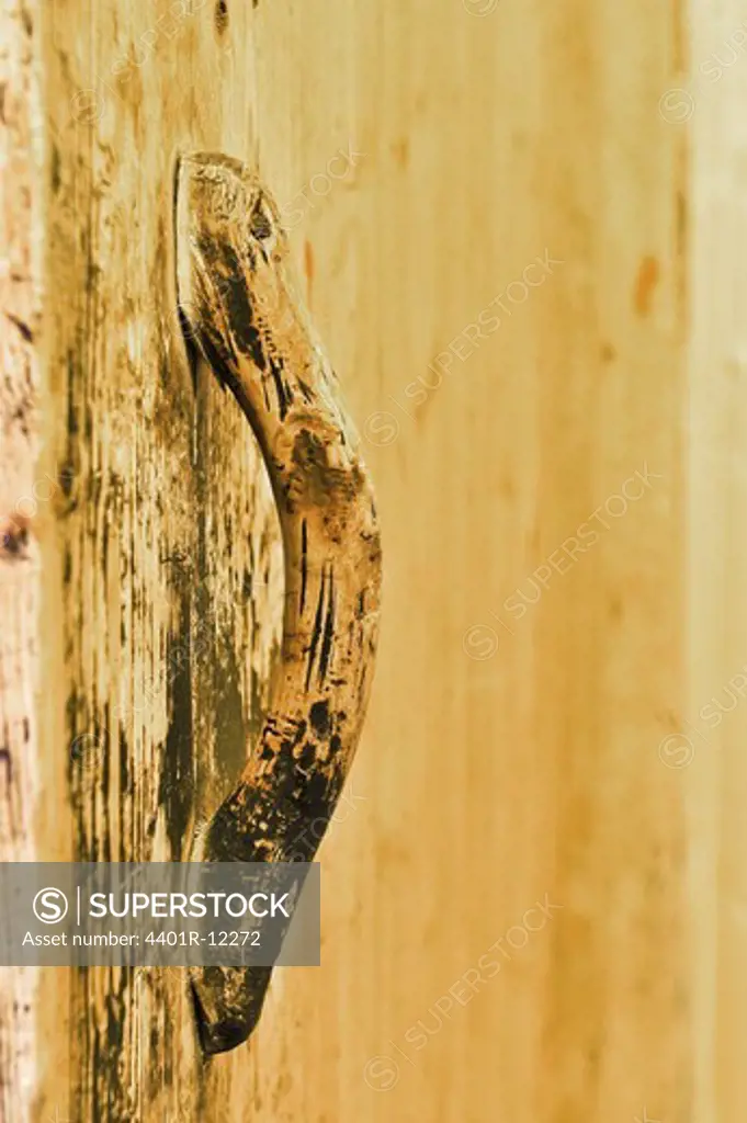 Scandinavia, Norway, Lofoten, View of wooden door with door handle