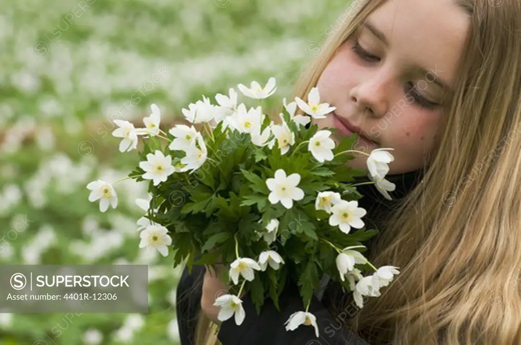 Scandinavia, Sweden, Smaland, Girl  holding bunch of white anemones, close-up