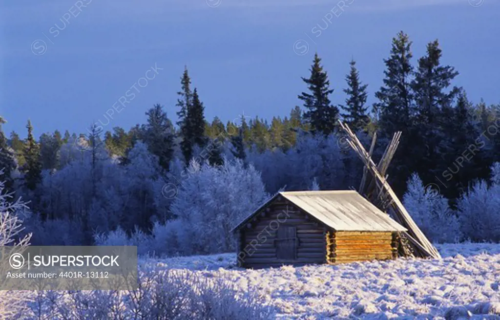 Log cabin and tree in snow covered valley