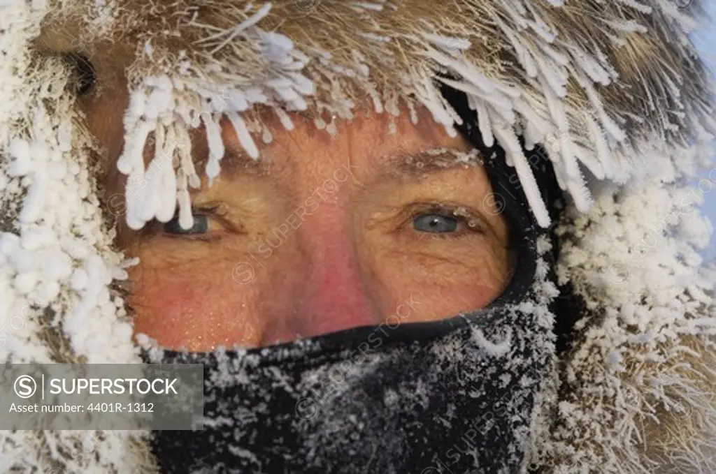 The face of a freezing woman, Sweden.