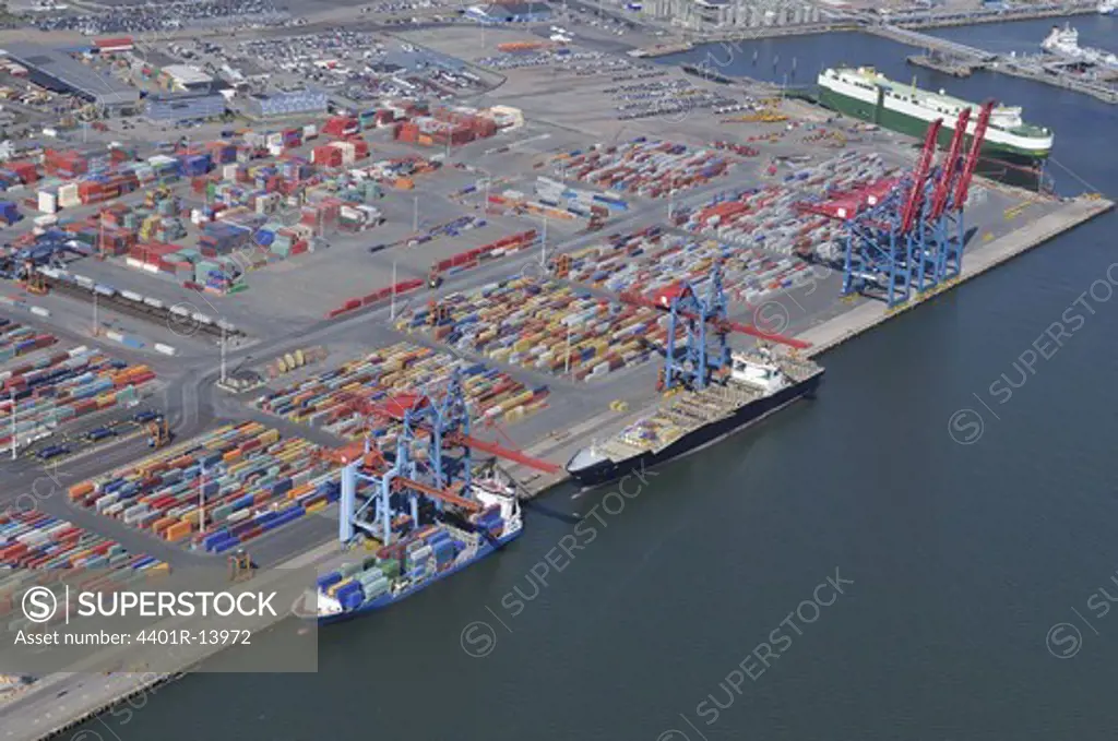 Cargo containers at harbour, aerial view