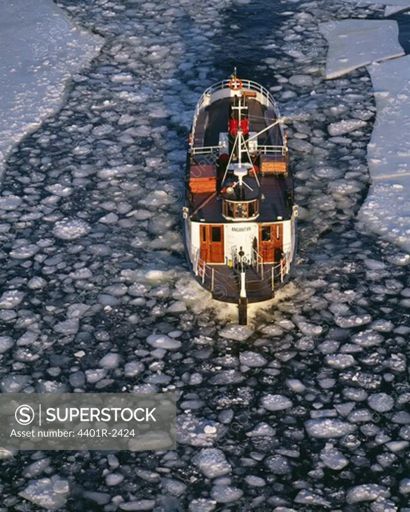 Ship in frozen water, elevated view
