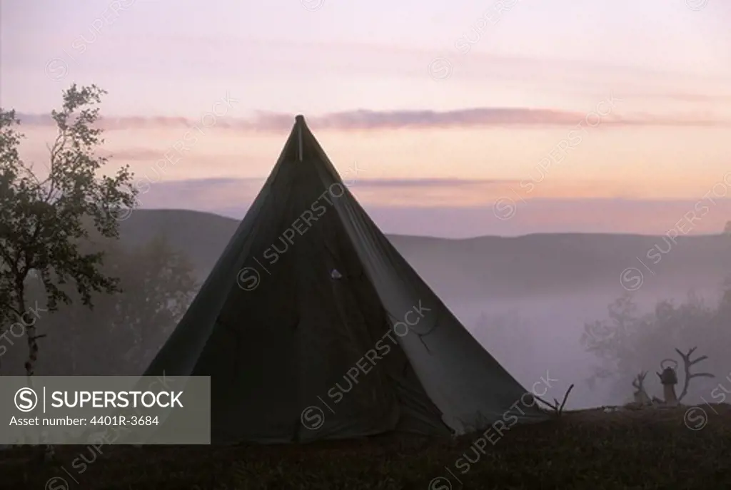 Traditional Saami tent in the morning light, Sweden.