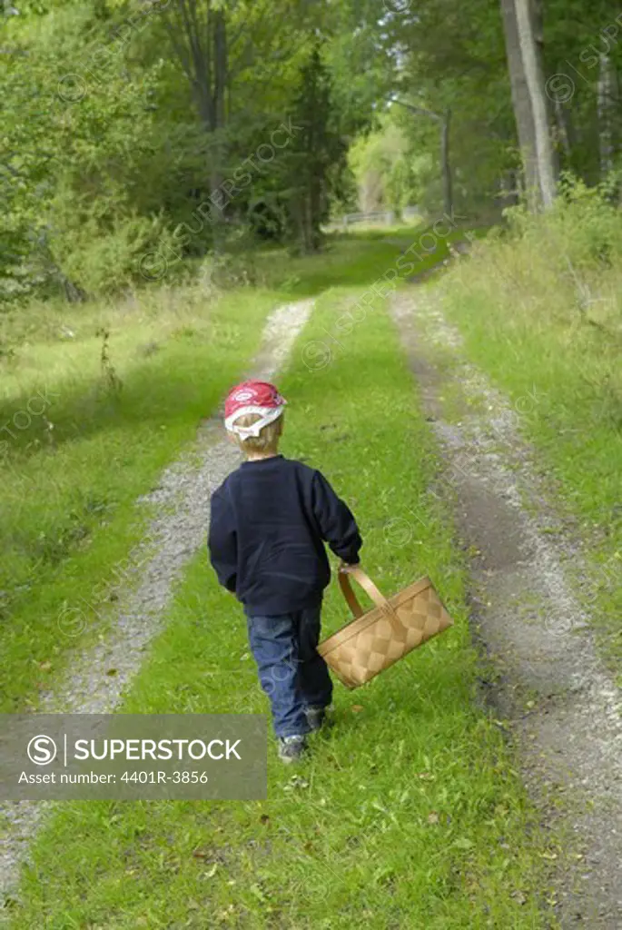 A boy walking to the forest to pick mushrooms, Sweden.