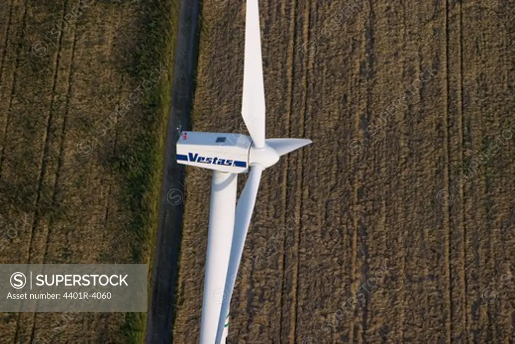 A wind turbine in a field, Halland, Sweden.