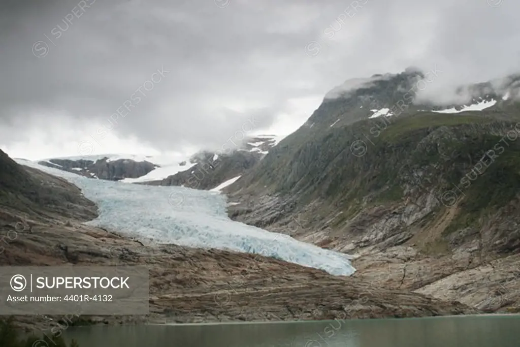 A glacier shrinking, Svartisen, Norway.