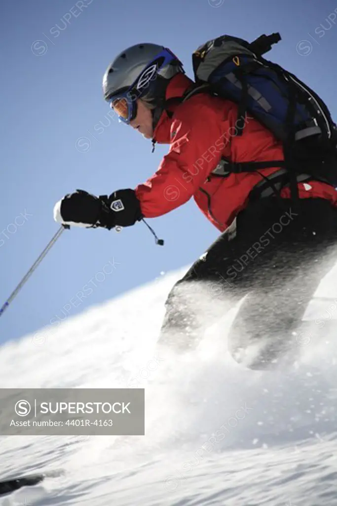 Skier in the snow, telemark, Lapland, Sweden.