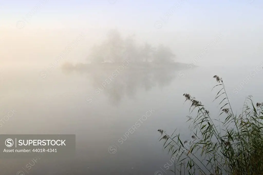 Morning fog over island, Sweden.