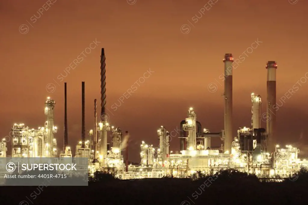 Oil refinery by night, Gothenburg, Sweden.