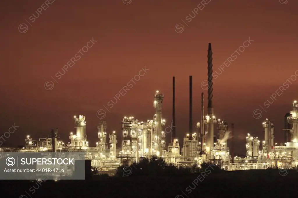 Oil refinery by night, Gothenburg, Sweden.