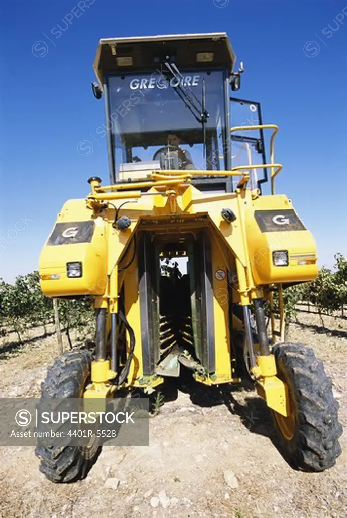 A tractor in a vineyard, Spain.