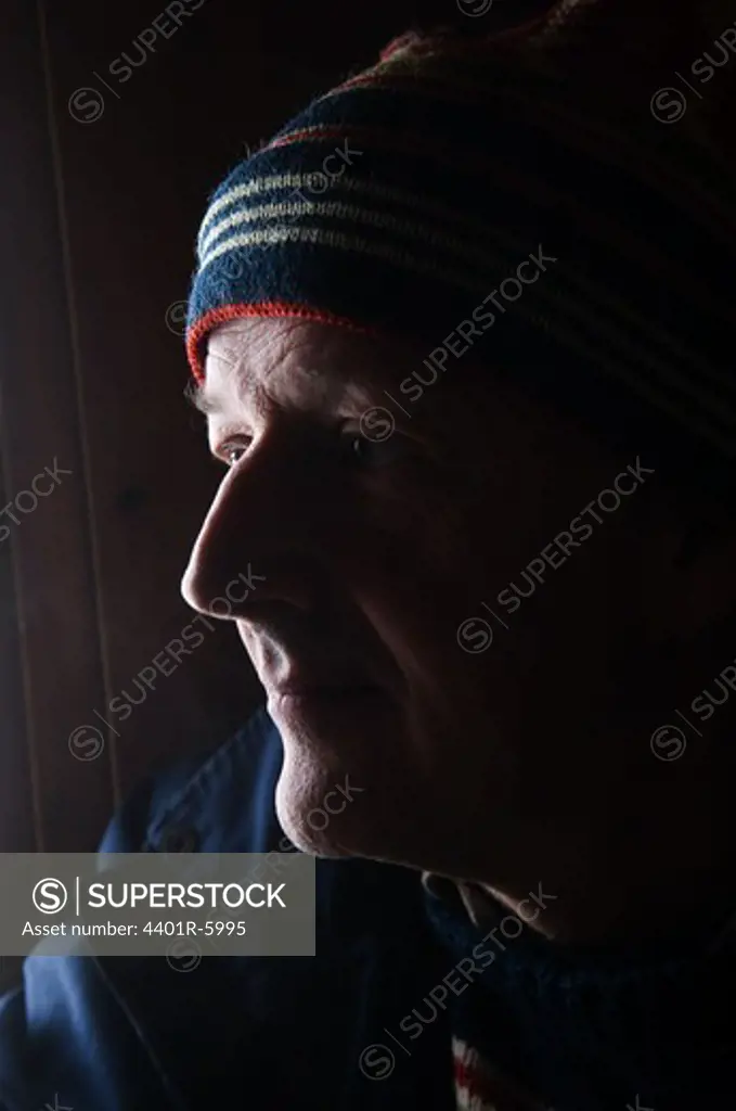 Portrait of an older man wearing winter clothing, Sweden.