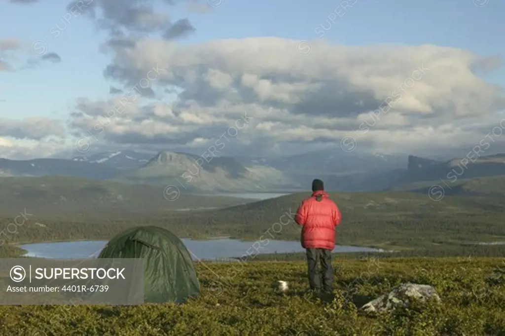 Camping with a view over mountain landscape, Lapland, Sweden.