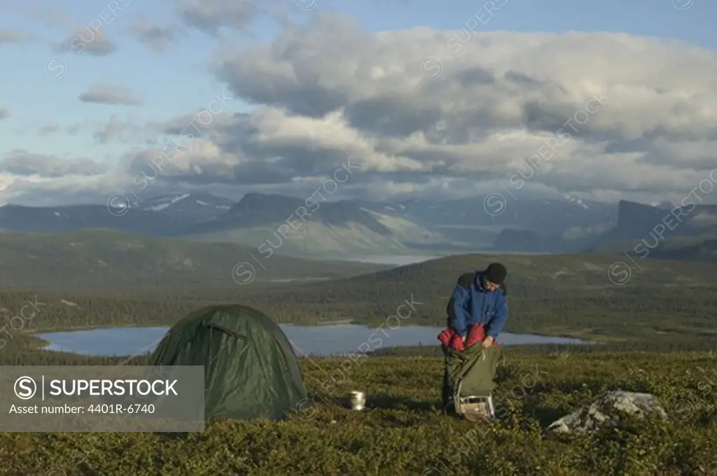 Camping with a view over mountain landscape, Lapland, Sweden.