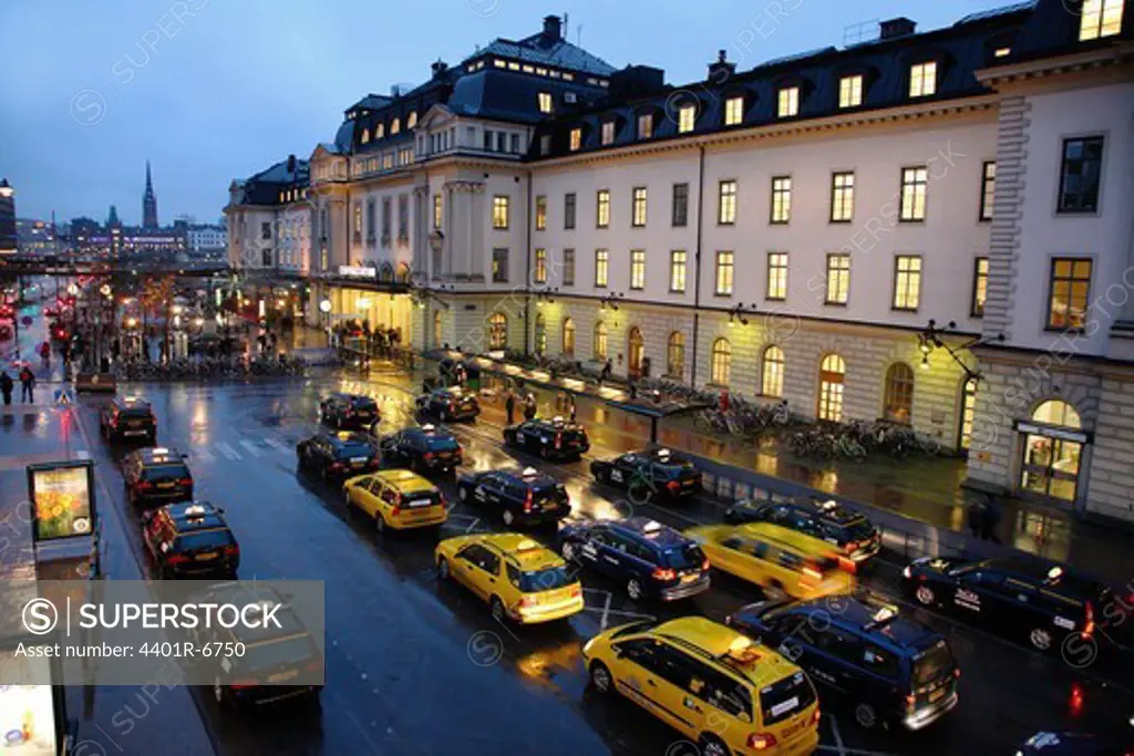 Taxi cabs outside Stockholm Central station, Stockholm, Sweden.