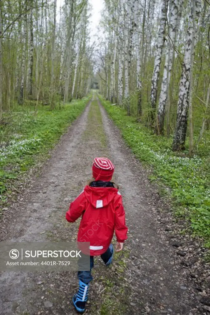 A little girl walking in a forest, Sweden.