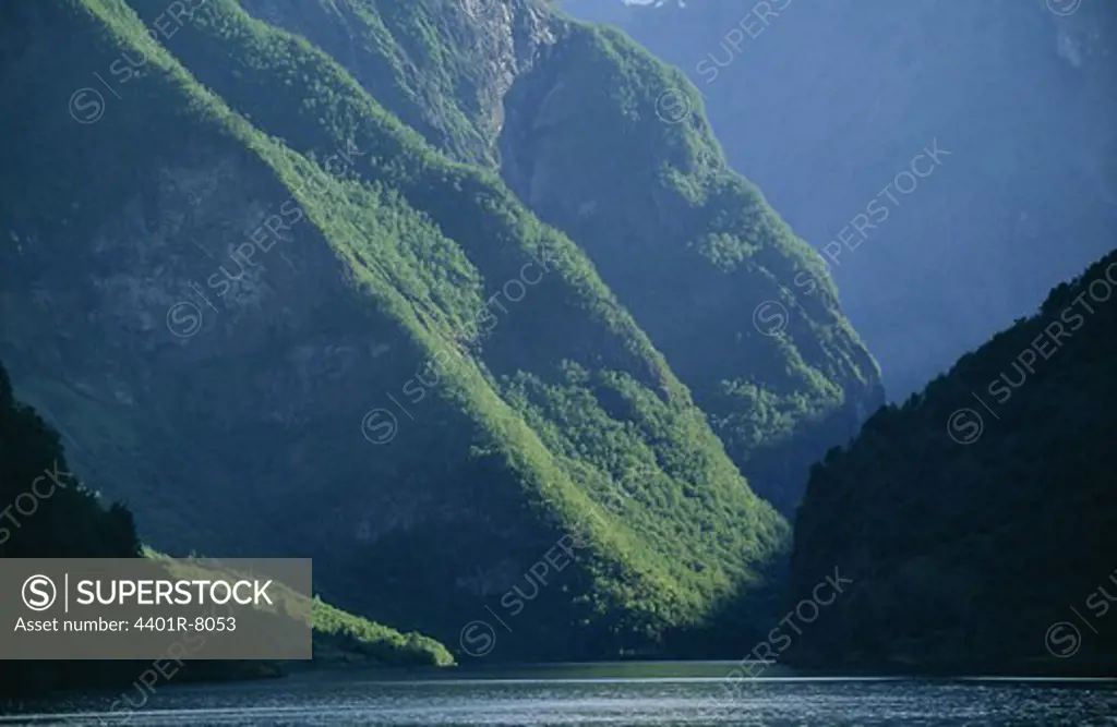 View of fiord with lush mountain