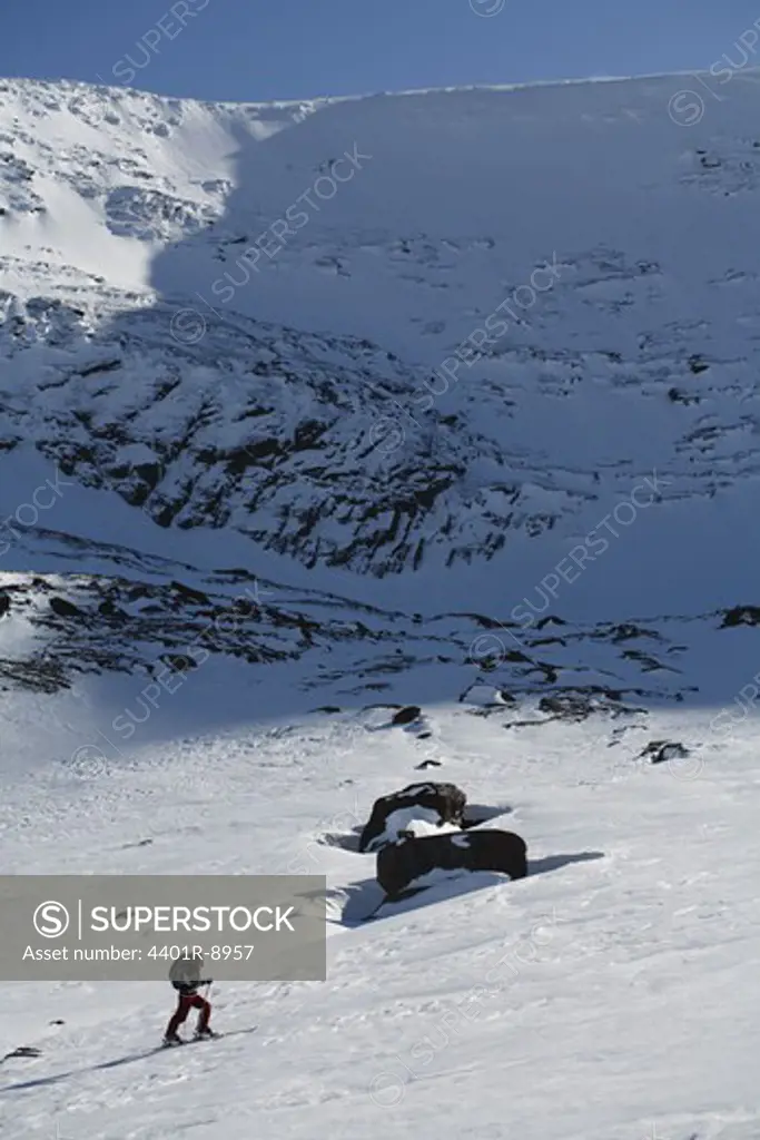 A skier going uphill, Abisko, Lapland, Sweden.