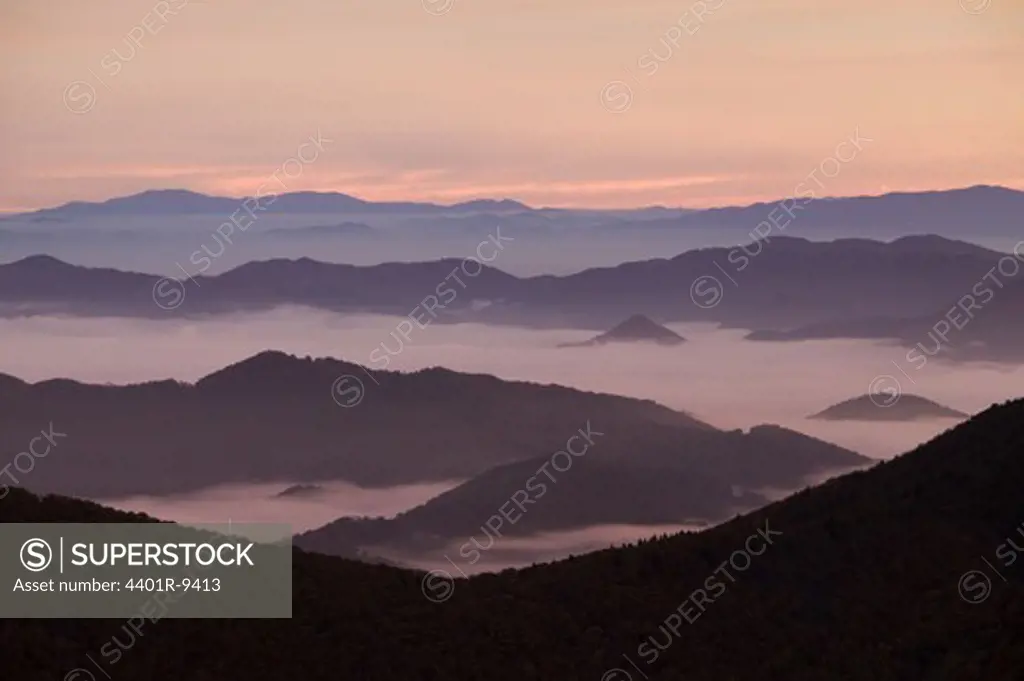 Mountain chains shrouded in fog, USA.