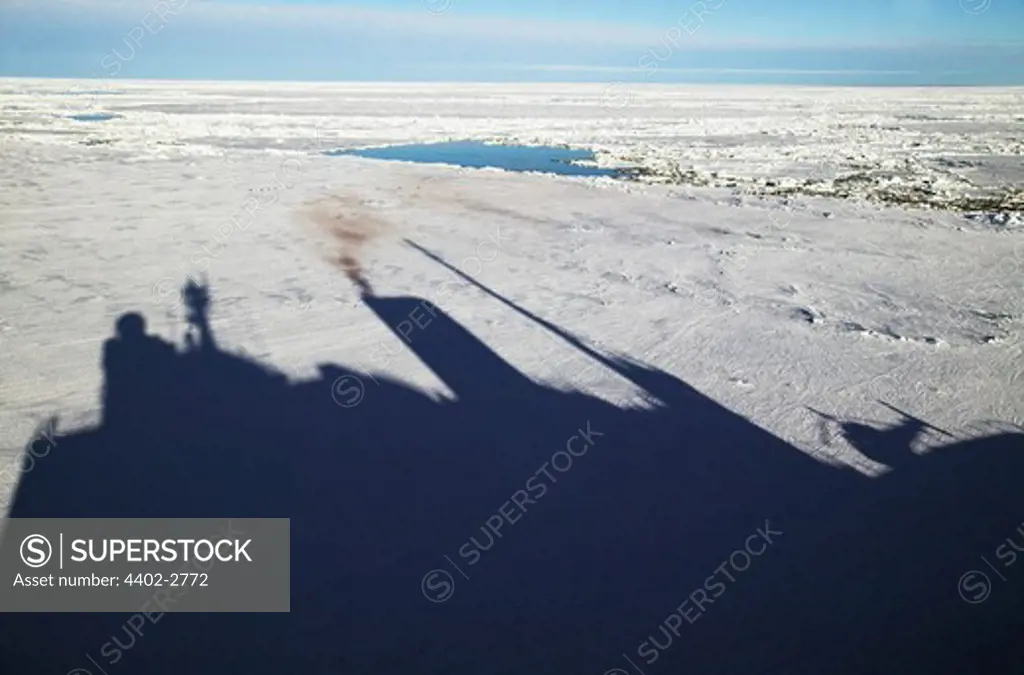 Shadow of icebreaker on ice floes, showing smoke from funnel, Antarctica