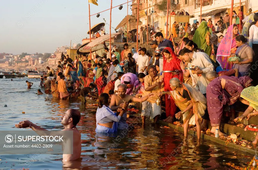Hindu devotees bathing in the Ganges, Varanasi, India