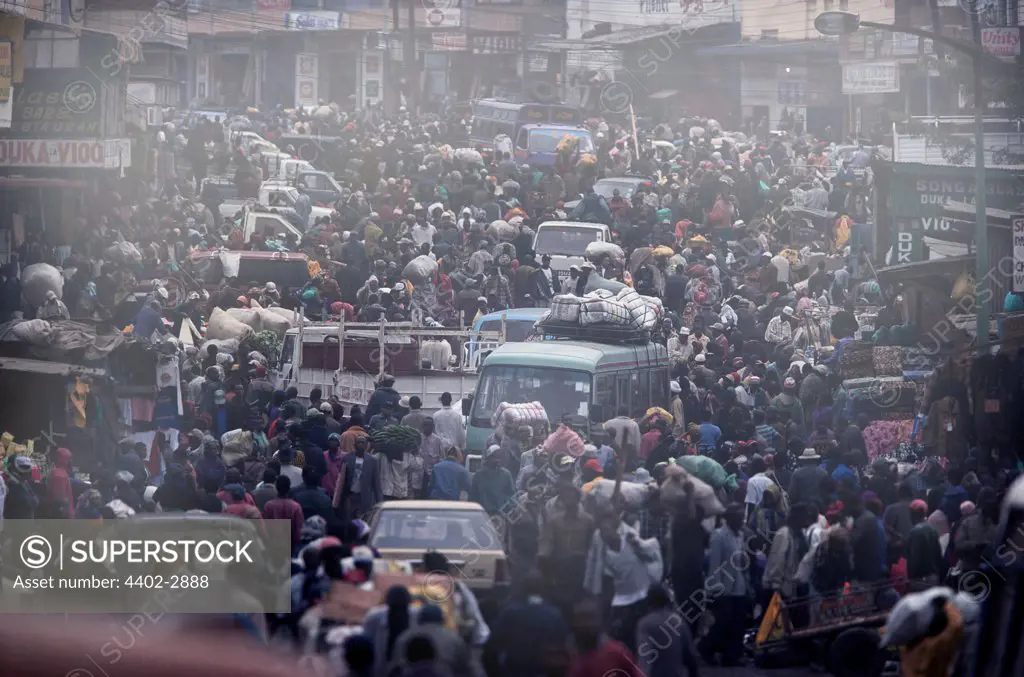 Crowded street market scene in the Majengo district of Nairobi, Kenya, Africa.